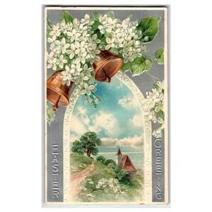 Vintage Embossed Easter Greeting Postcard | Lilacs Bells Church German